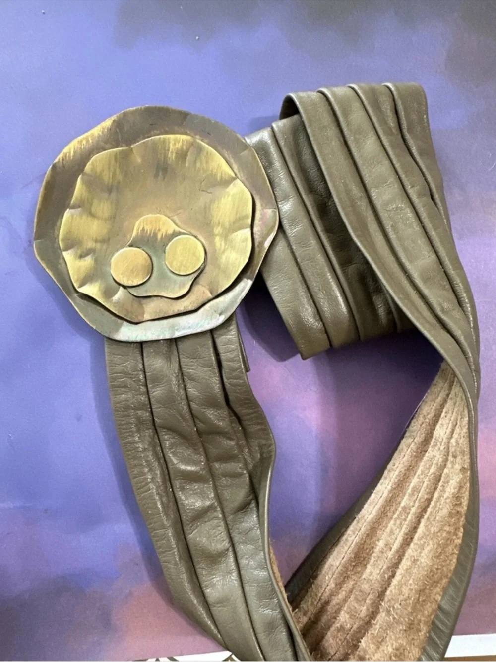 VINTAGE REYNOLD MEJER PETALS STUDIO COPPER BRASS LEATHER BELT
